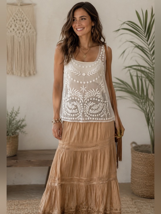LC Lauren Conrad Tops - LC Lauren Conrad Coachella Sunrise Ivory Sheer Boho Embroidered Tank Top Size L
